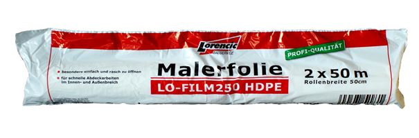 Malerfolie LO-FILM250 HDPE 2x50m, Rollenbreite 50cm, 10Rollen/Kart 28Kart/Pal, ZLOFILM250