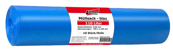Müllsack 110Liter blau 10Stk/Rll (700x1100mm/0,05mm stark) 20Rll/Kart 32Kart/Pal, Z452110-10LO