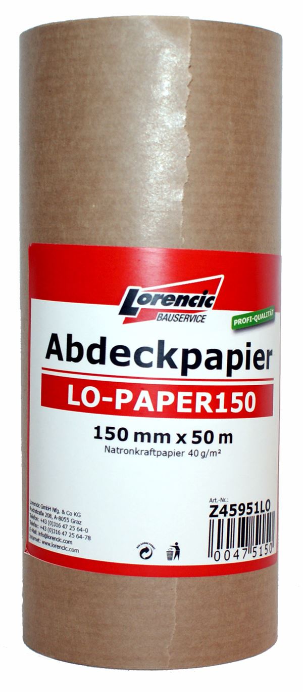 Abdeckpapier LO-PAPER150 150mmx50m Natronkraftpapier 40g/m² 15Rollen/Kart 72Kart/Pal, Z45951LO