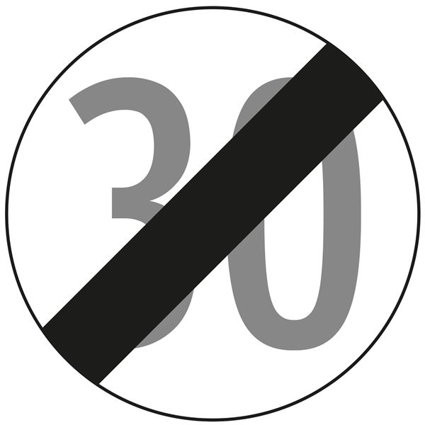 Verkehrszeichen §52/10B, 480/1,5mm, Ende der 30-er Geschwindigkeitsbegrenzung, Z52/10B30-480