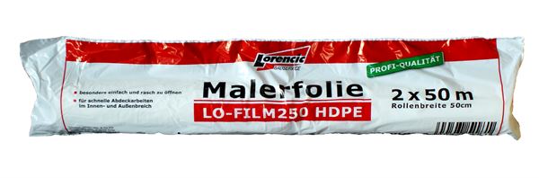 Malerfolie LO-FILM250 HDPE 2x50m, Rollenbreite 50cm, 10Rollen/Kart 28Kart/Pal, ZLOFILM250